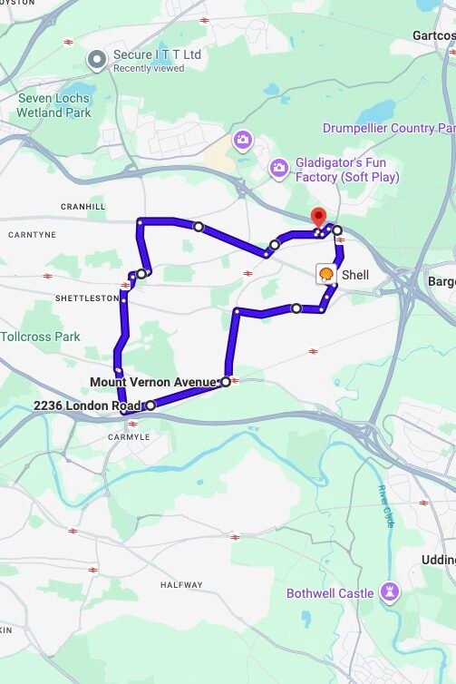 Glasgow (Baillieston) driving test routes map UK showing DVSA test routes, real exam roads, key junctions, roundabouts and roads used in the driving test