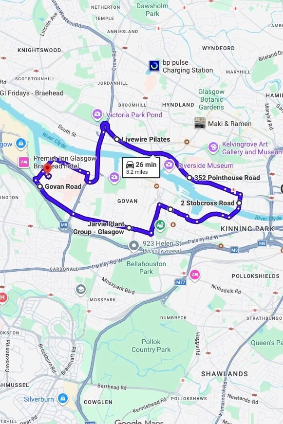 Glasgow (Shieldhall) driving test routes map UK showing DVSA test routes, real exam roads, key junctions, roundabouts and roads used in the driving test