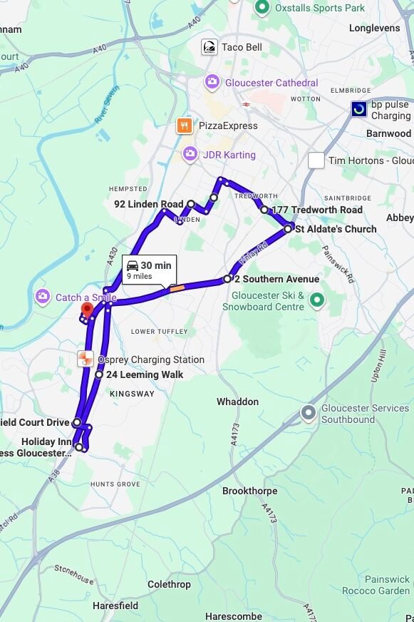Gloucester driving test routes map UK showing DVSA test routes, real exam roads, key junctions, roundabouts and roads used in the driving test