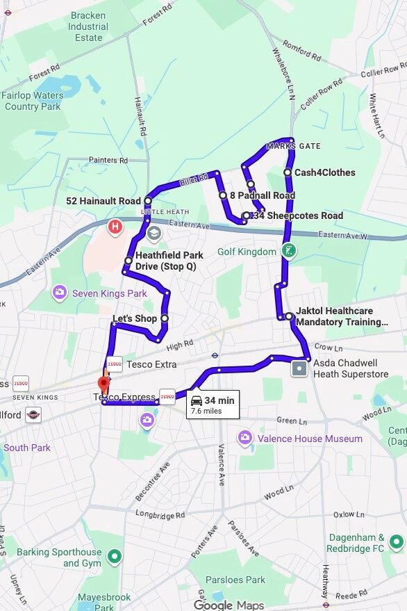 Goodmayes (London) driving test routes map UK showing DVSA test routes, real exam roads, key junctions, roundabouts and roads used in the driving test
