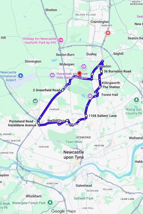 Gosforth driving test routes map UK showing DVSA test routes, real exam roads, key junctions, roundabouts and roads used in the driving test