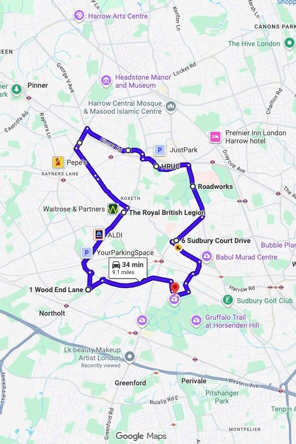 Greenford (London) driving test routes map UK showing DVSA test routes, real exam roads, key junctions, roundabouts and roads used in the driving test