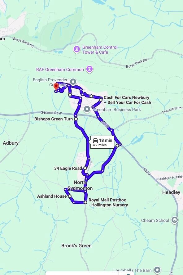 Greenham driving test routes map UK showing DVSA test routes, real exam roads, key junctions, roundabouts and roads used in the driving test