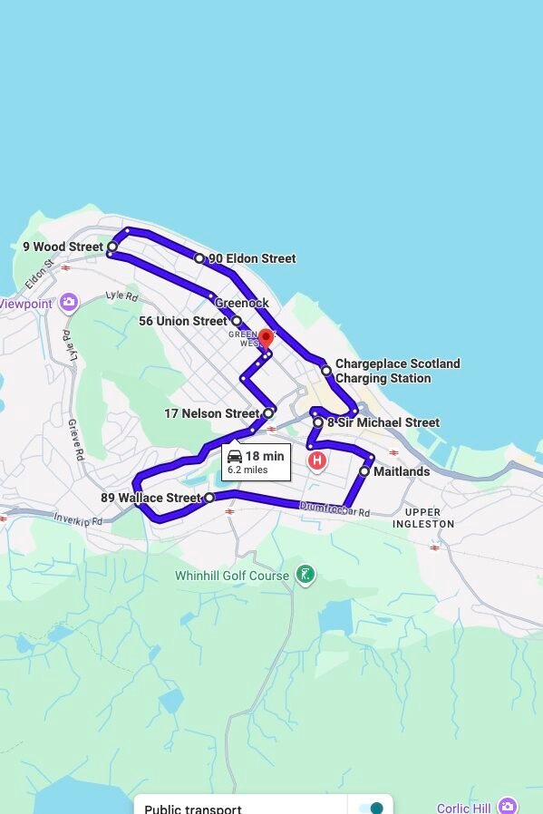 Greenock driving test routes map UK showing DVSA test routes, real exam roads, key junctions, roundabouts and roads used in the driving test