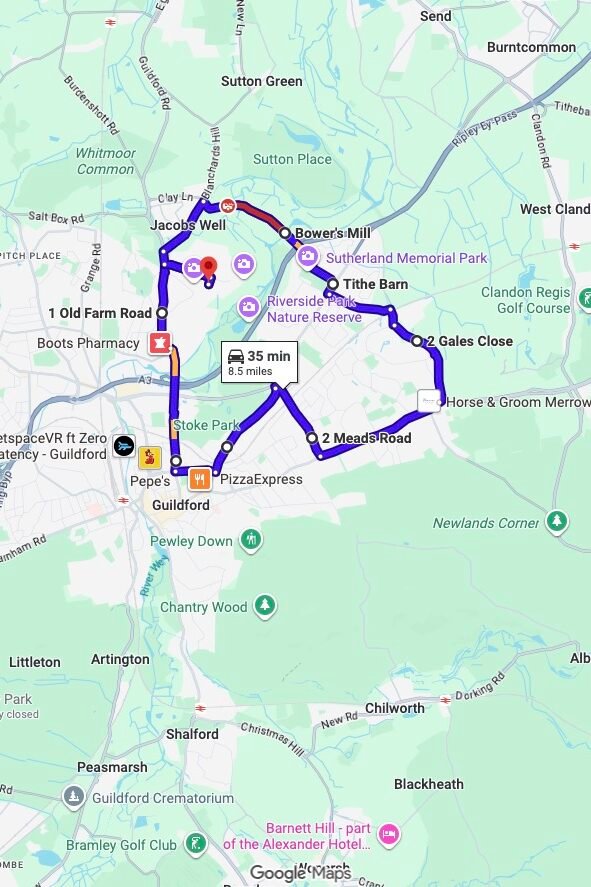 Guildford driving test routes map UK showing DVSA test routes, real exam roads, key junctions, roundabouts and roads used in the driving test