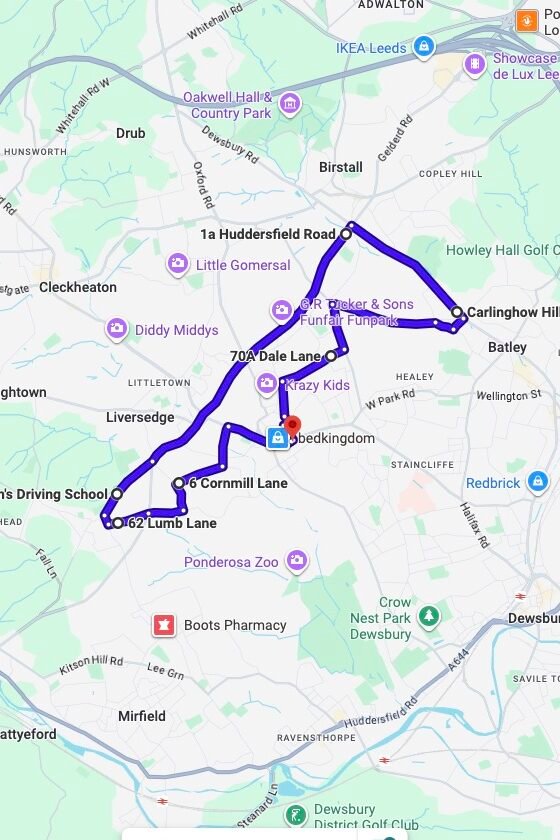 Heckmondwike driving test routes map UK showing DVSA test routes, real exam roads, key junctions, roundabouts and roads used in the driving test