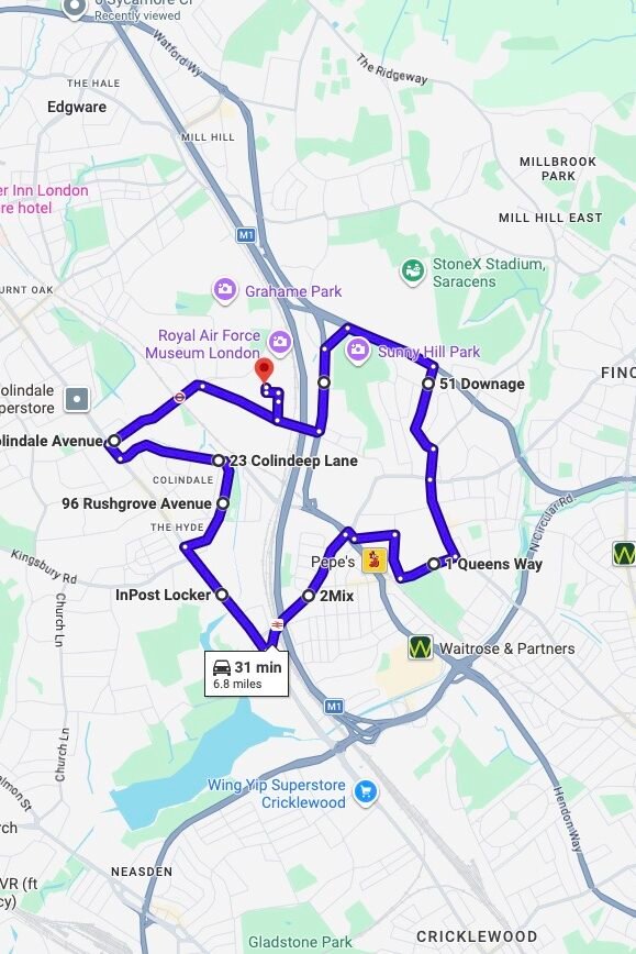 Hendon (London) driving test routes map UK showing DVSA test routes, real exam roads, key junctions, roundabouts and roads used in the driving test