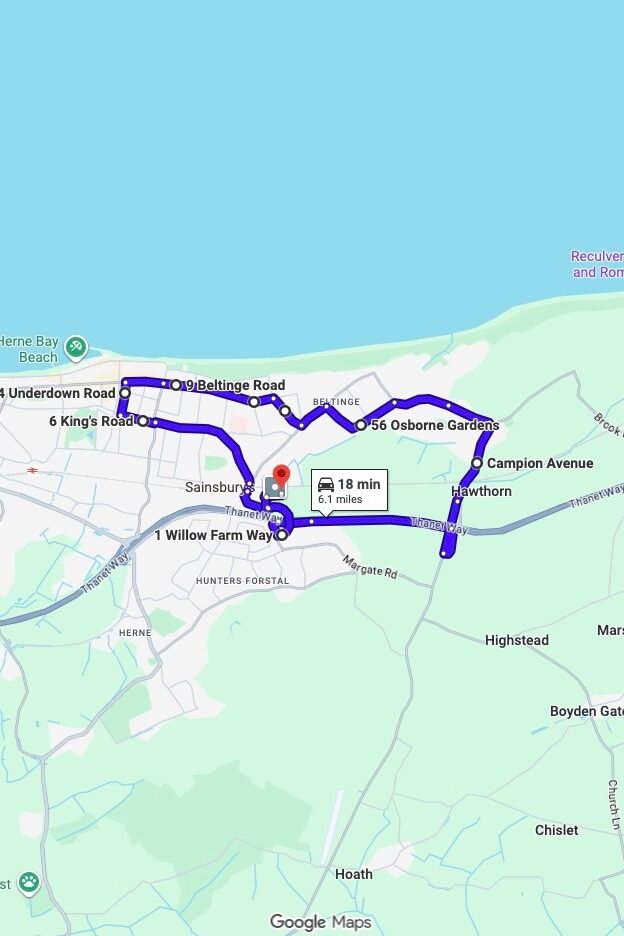 Herne Bay driving test routes map UK showing DVSA test routes, real exam roads, key junctions, roundabouts and roads used in the driving test