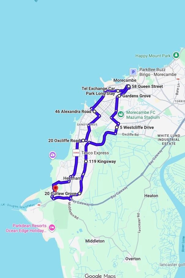 Heysham driving test routes map UK showing DVSA test routes, real exam roads, key junctions, roundabouts and roads used in the driving test