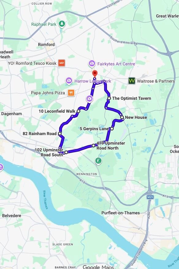 Hornchurch (London) driving test routes map UK showing DVSA test routes, real exam roads, key junctions, roundabouts and roads used in the driving test