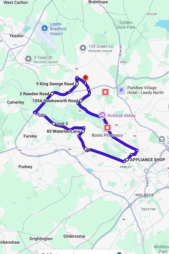 Horsforth driving test routes map UK showing DVSA test routes, real exam roads, key junctions, roundabouts and roads used in the driving test
