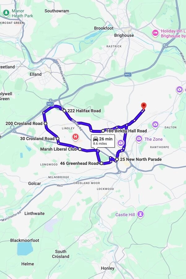 Huddersfield driving test routes map UK showing DVSA test routes, real exam roads, key junctions, roundabouts and roads used in the driving test