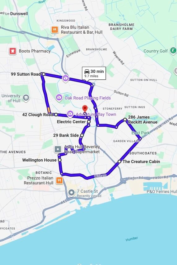 Hull driving test routes map UK showing DVSA test routes, real exam roads, key junctions, roundabouts and roads used in the driving test