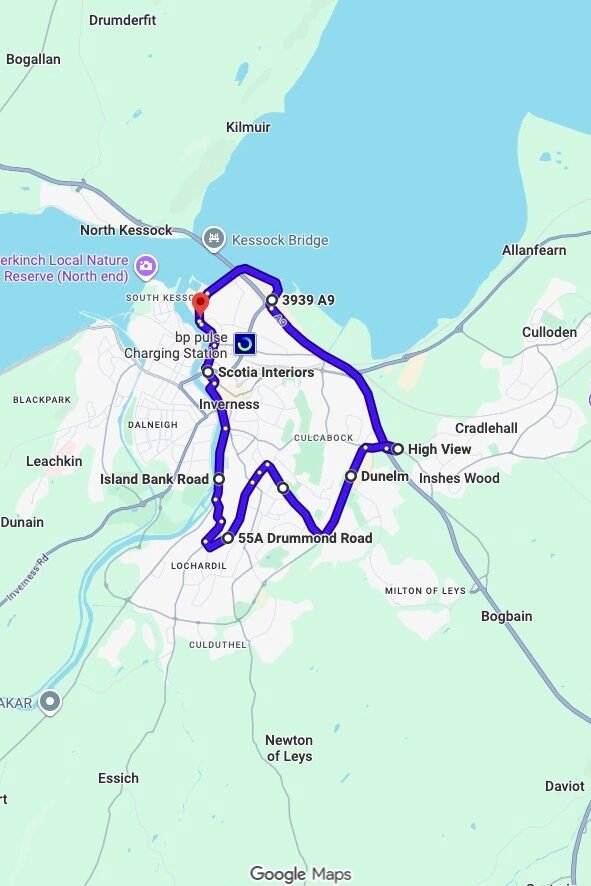 Inverness (Longman Drive) driving test routes map UK showing DVSA test routes, real exam roads, key junctions, roundabouts and roads used in the driving test