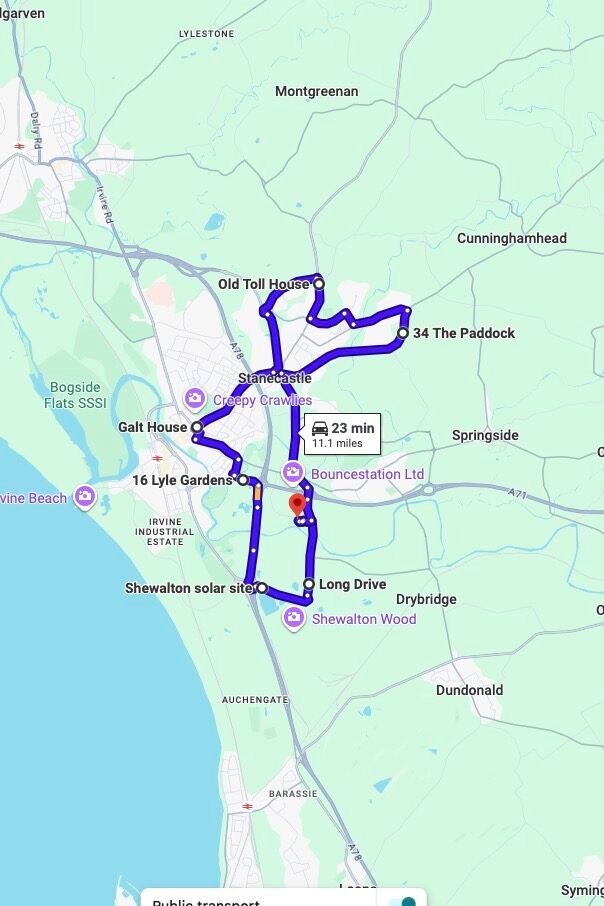 Irvine driving test routes map UK showing DVSA test routes, real exam roads, key junctions, roundabouts and roads used in the driving test