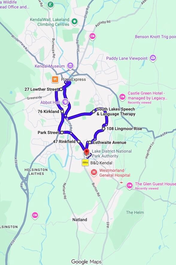 Kendal (Oxenholme Road) driving test routes map UK showing DVSA test routes, real exam roads, key junctions, roundabouts and roads used in the driving test