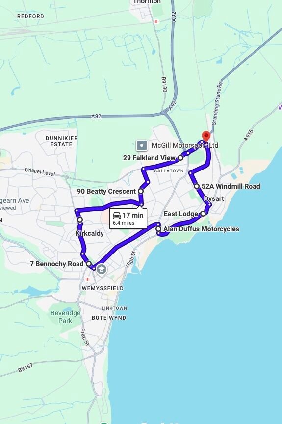 Kirkcaldy driving test routes map UK showing DVSA test routes, real exam roads, key junctions, roundabouts and roads used in the driving test