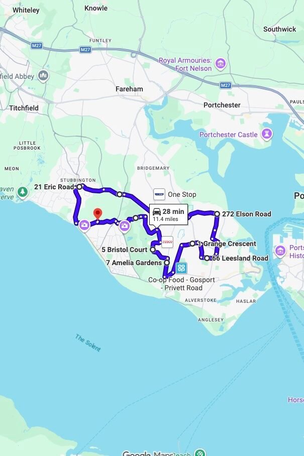 Lee On The Solent driving test routes map UK showing DVSA test routes, real exam roads, key junctions, roundabouts and roads used in the driving test