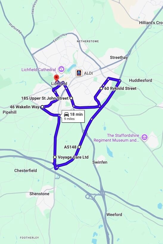 Lichfield driving test routes map UK showing DVSA test routes, real exam roads, key junctions, roundabouts and roads used in the driving test