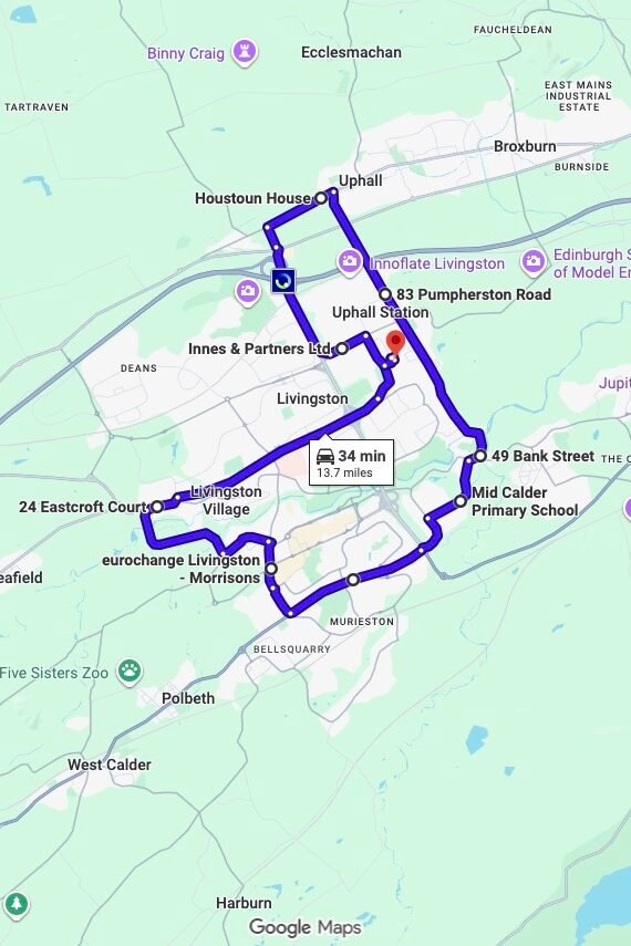 Livingston driving test routes map UK showing DVSA test routes, real exam roads, key junctions, roundabouts and roads used in the driving test