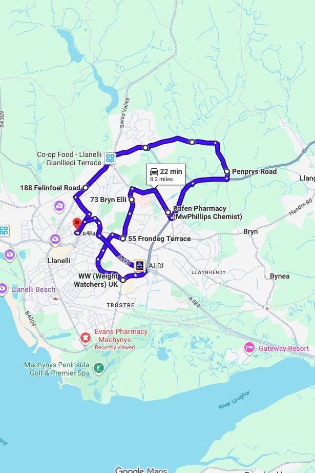Llanelli driving test routes map UK showing DVSA test routes, real exam roads, key junctions, roundabouts and roads used in the driving test