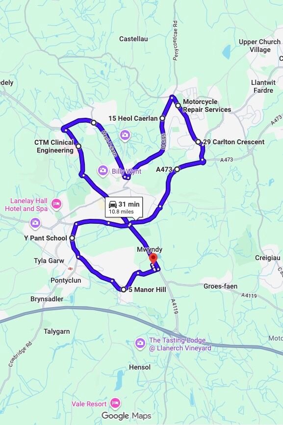Llantrisant driving test routes map UK showing DVSA test routes, real exam roads, key junctions, roundabouts and roads used in the driving test