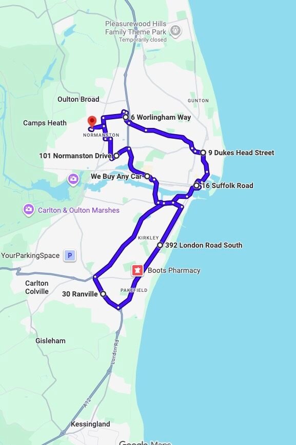Lowestoft (Mobbs Way) driving test routes map UK showing DVSA test routes, real exam roads, key junctions, roundabouts and roads used in the driving test