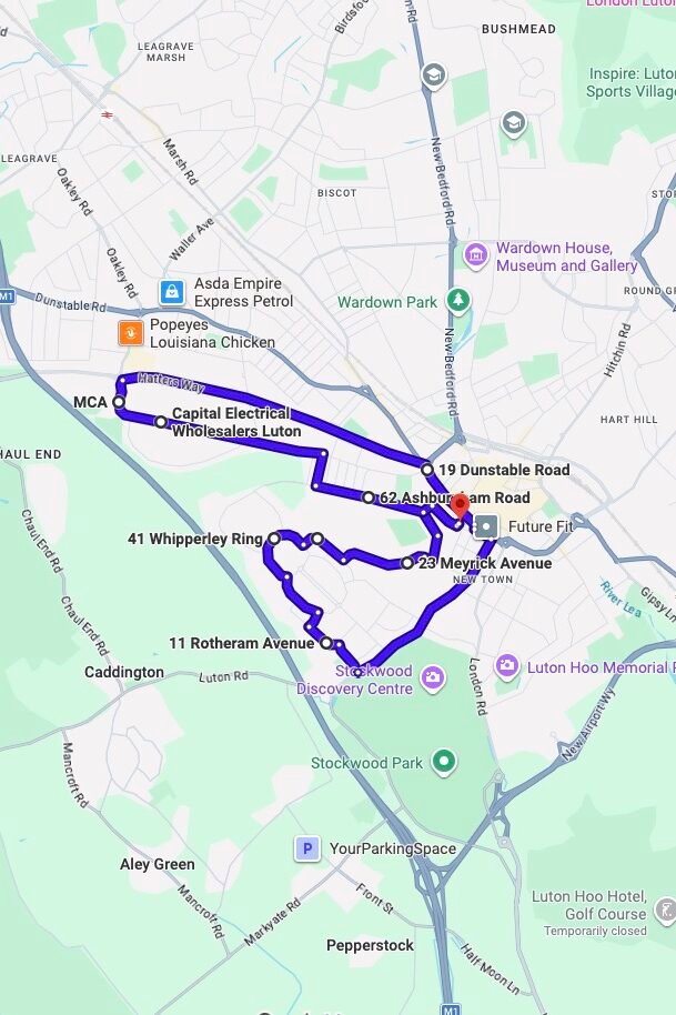 Luton driving test routes map UK showing DVSA test routes, real exam roads, key junctions, roundabouts and roads used in the driving test