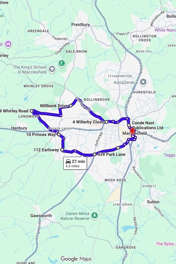 Macclesfield driving test routes map UK showing DVSA test routes, real exam roads, key junctions, roundabouts and roads used in the driving test