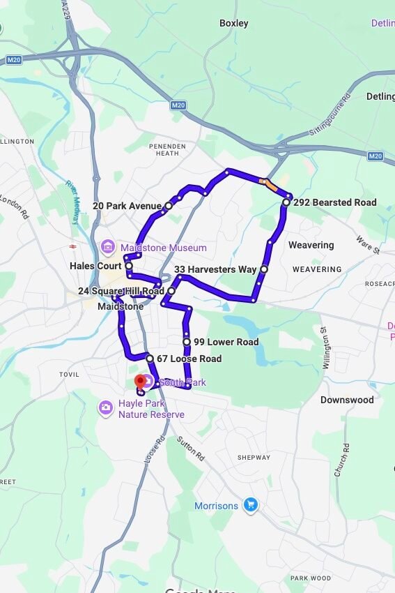 Maidstone driving test routes map UK showing DVSA test routes, real exam roads, key junctions, roundabouts and roads used in the driving test