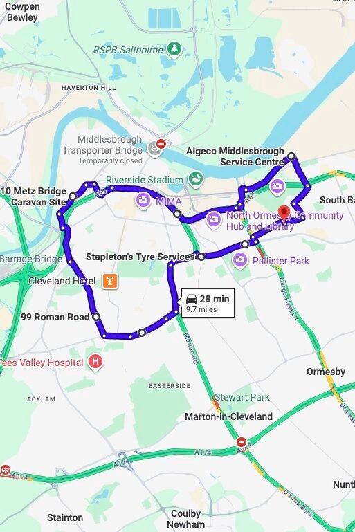 Middlesbrough driving test routes map UK showing DVSA test routes, real exam roads, key junctions, roundabouts and roads used in the driving test