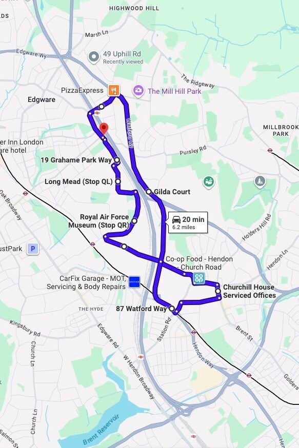 Mill Hill (London) driving test routes map UK showing DVSA test routes, real exam roads, key junctions, roundabouts and roads used in the driving test