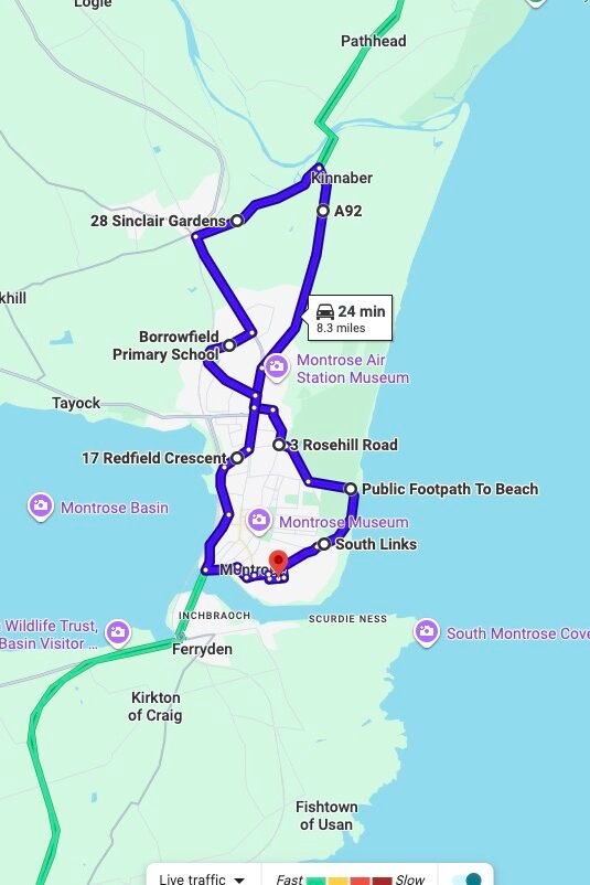 Montrose driving test routes map UK showing DVSA test routes, real exam roads, key junctions, roundabouts and roads used in the driving test