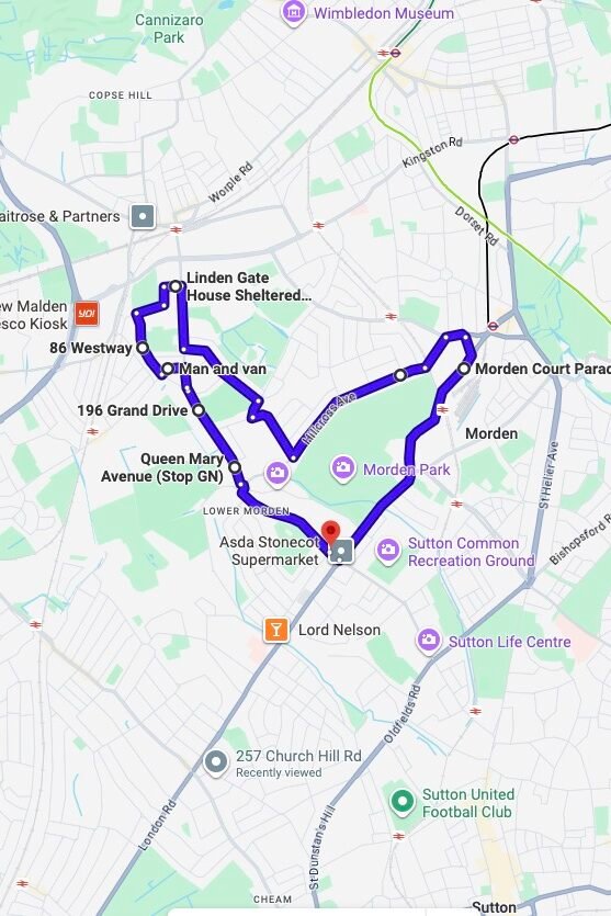 Morden (London) driving test routes map UK showing DVSA test routes, real exam roads, key junctions, roundabouts and roads used in the driving test
