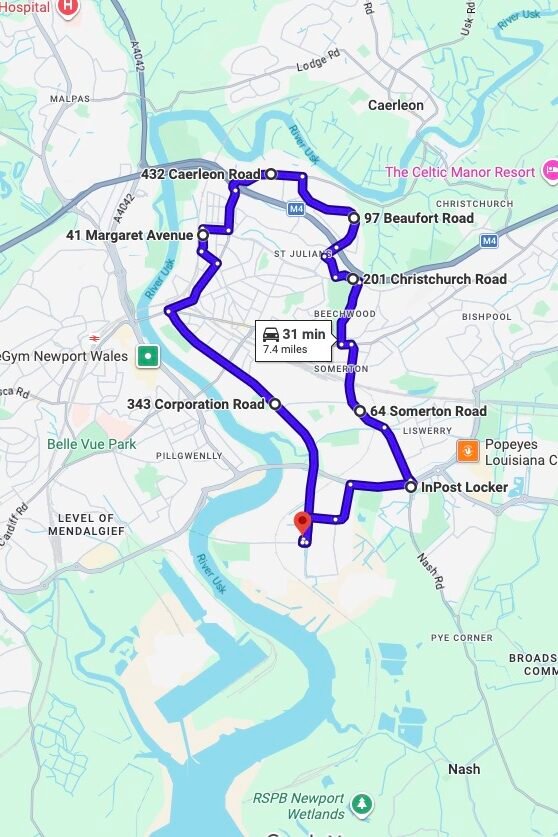 Newport (Gwent) driving test routes map UK showing DVSA test routes, real exam roads, key junctions, roundabouts and roads used in the driving test