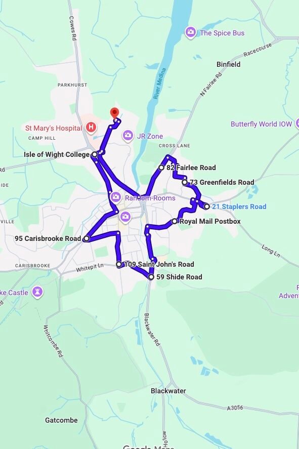Newport (Isle Of Wight) driving test routes map UK showing DVSA test routes, real exam roads, key junctions, roundabouts and roads used in the driving test