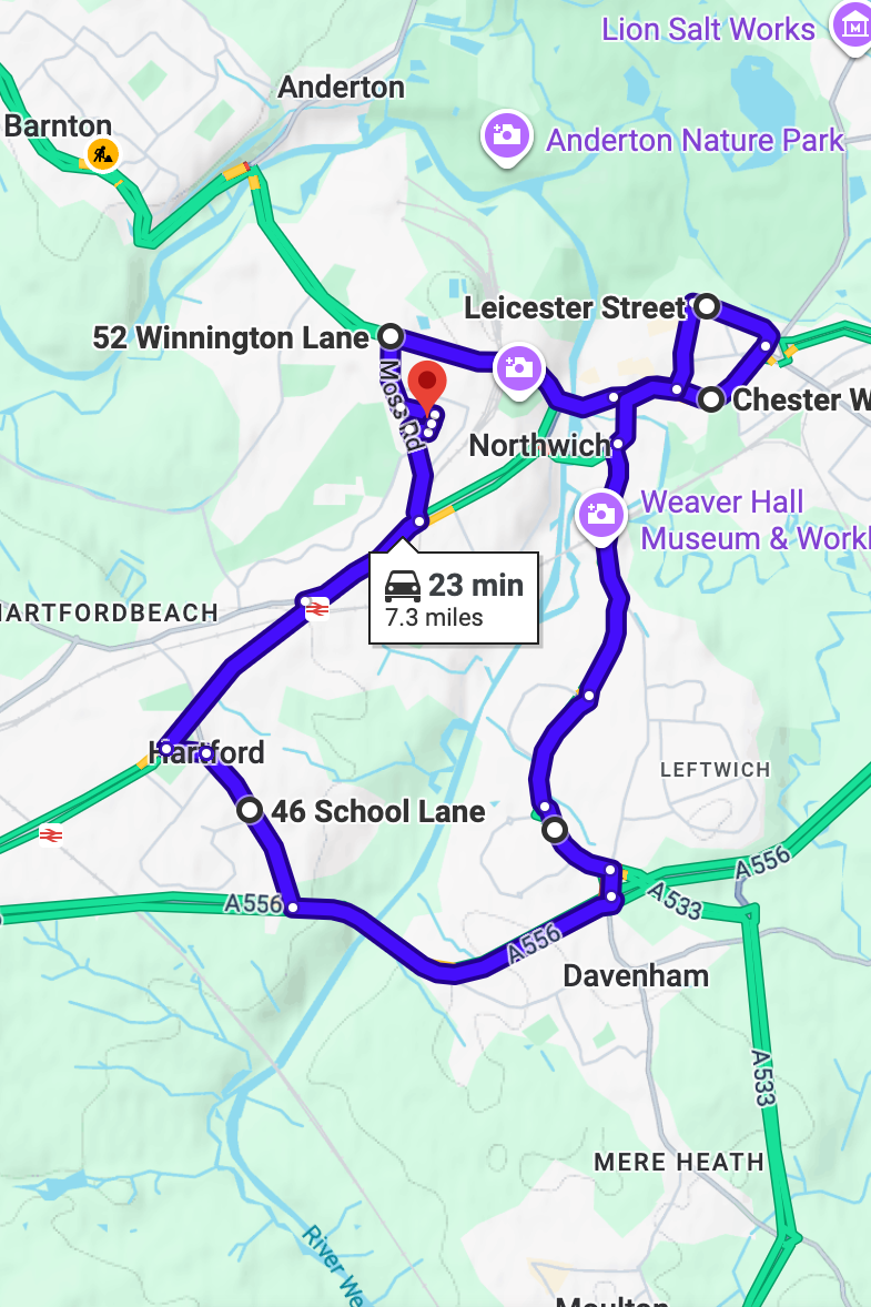 Northwich driving test routes map UK showing DVSA test routes, real exam roads, key junctions, roundabouts and roads used in the driving test