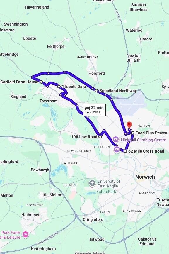 Norwich (Jupiter Road) driving test routes map UK showing DVSA test routes, real exam roads, key junctions, roundabouts and roads used in the driving test