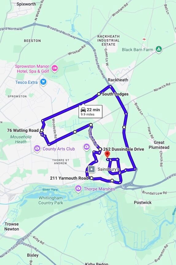 Norwich (Peachman Way) driving test routes map UK showing DVSA test routes, real exam roads, key junctions, roundabouts and roads used in the driving test