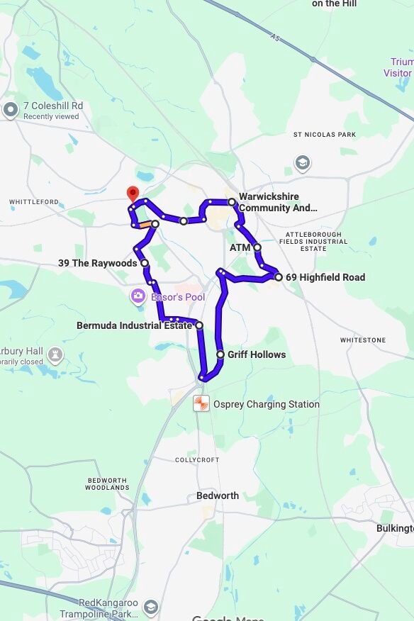 Nuneaton driving test routes map UK showing DVSA test routes, real exam roads, key junctions, roundabouts and roads used in the driving test
