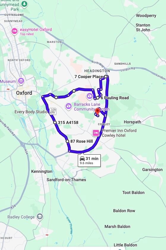 Oxford (Cowley) driving test routes map UK showing DVSA test routes, real exam roads, key junctions, roundabouts and roads used in the driving test