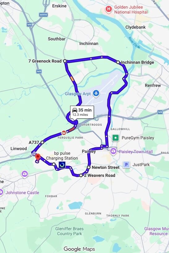 Paisley driving test routes map UK showing DVSA test routes, real exam roads, key junctions, roundabouts and roads used in the driving test