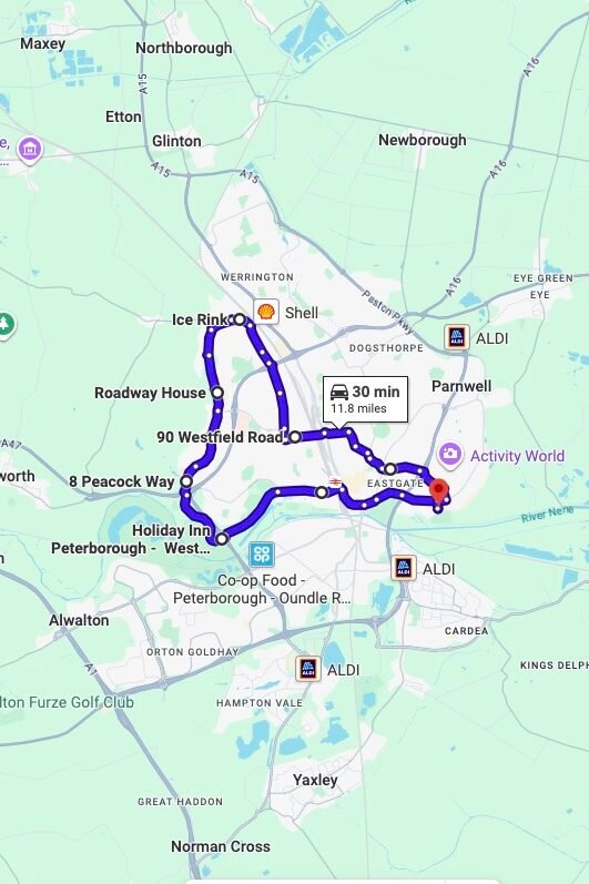 Peterborough driving test routes map UK showing DVSA test routes, real exam roads, key junctions, roundabouts and roads you are likely to drive in your driving test