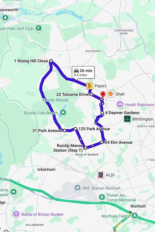 Pinner (London) driving test routes map UK showing DVSA test routes, real exam roads, key junctions, roundabouts and roads used in the driving test