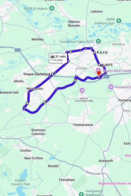Pontefract driving test routes map UK showing DVSA test routes, real exam roads, key junctions, roundabouts and roads used in the driving test