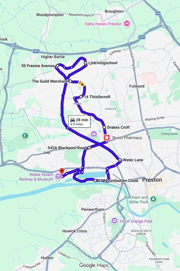 Preston driving test routes map UK showing DVSA test routes, real exam roads, key junctions, roundabouts and roads used in the driving test
