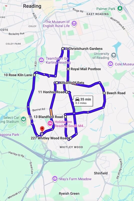 Reading driving test routes map UK showing DVSA test routes, real exam roads, key junctions, roundabouts and roads used in the driving test