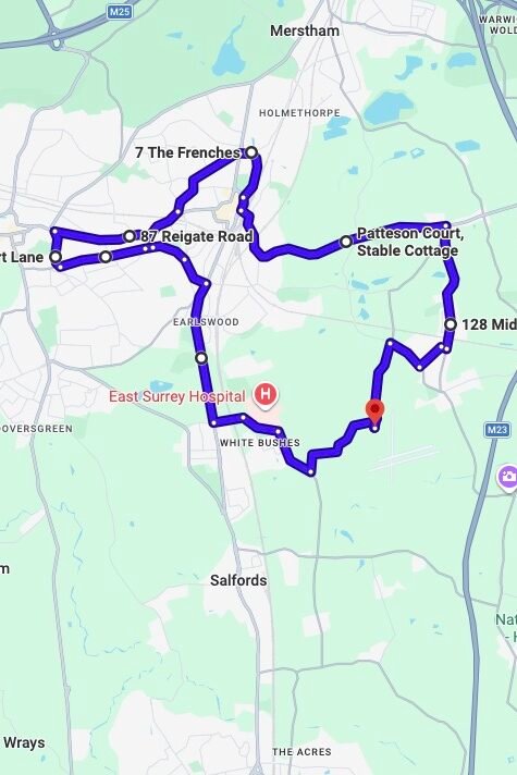 Redhill Aerodrome driving test routes map UK showing DVSA test routes, real exam roads, key junctions, roundabouts and roads used in the driving test