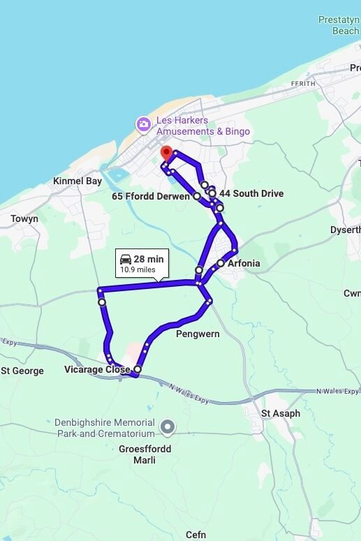 Rhyl driving test routes map UK showing DVSA test routes, real exam roads, key junctions, roundabouts and roads used in the driving test