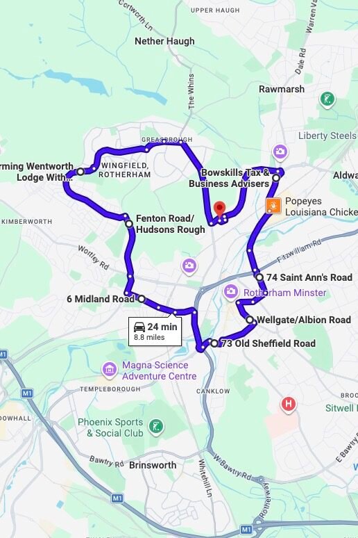 Rotherham driving test routes map UK showing DVSA test routes, real exam roads, key junctions, roundabouts and roads used in the driving test